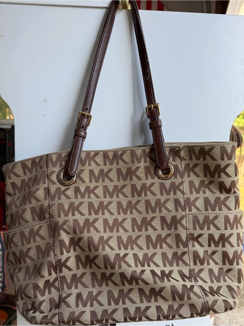 Michael Kors Tan and Brown MK Logo Canvas Tote